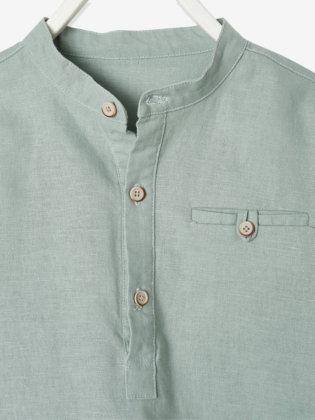 Chemise col Mao garçon en coton/lin manches longues vert