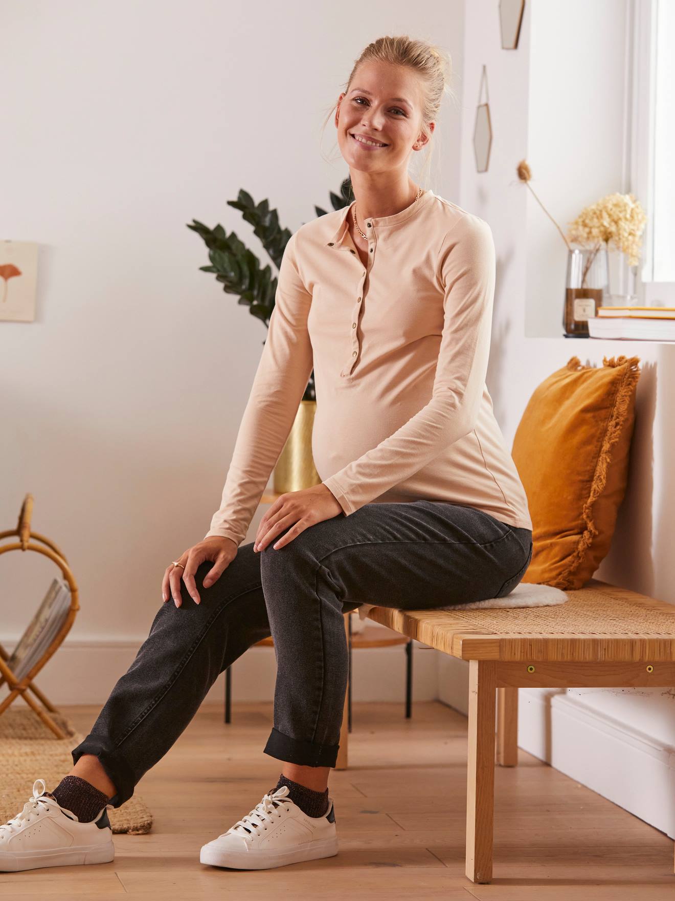 Vertbaudet Henley-Shirt, Schwangerschaft & Stillzeit Oeko-Tex - beige