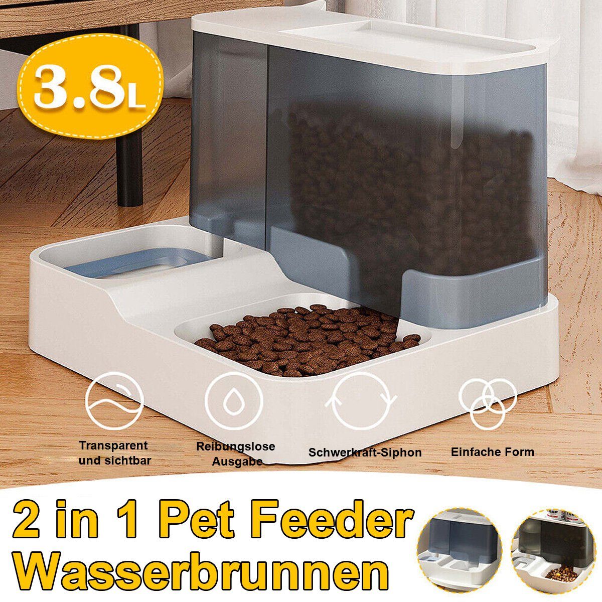 flowgoer Nager-Futterhaus Automatischer Trinkbrunnen für Hunde und Katzen Futterspender 2in1, Siphon-Prinzip,Leicht zu reinigen,Große Kapazität