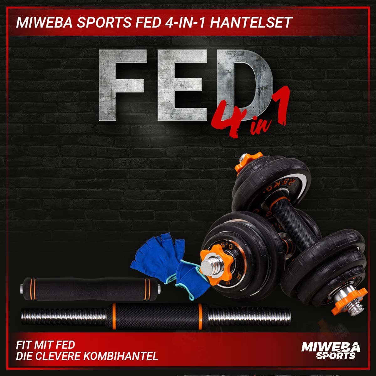 Miweba Sports Hantel-Set Premium FED 4in1 Hantel Set inkl. Transportkoffer - 20/30 kg, (Hantelstangen, Gewichte, Verbindungstück, Sternverschlüsse, Gummibezüge, Trainingshandschuhe, Stahl, kreuzgerändelter Griff, rutschfest, Multifunktionshantel, sch