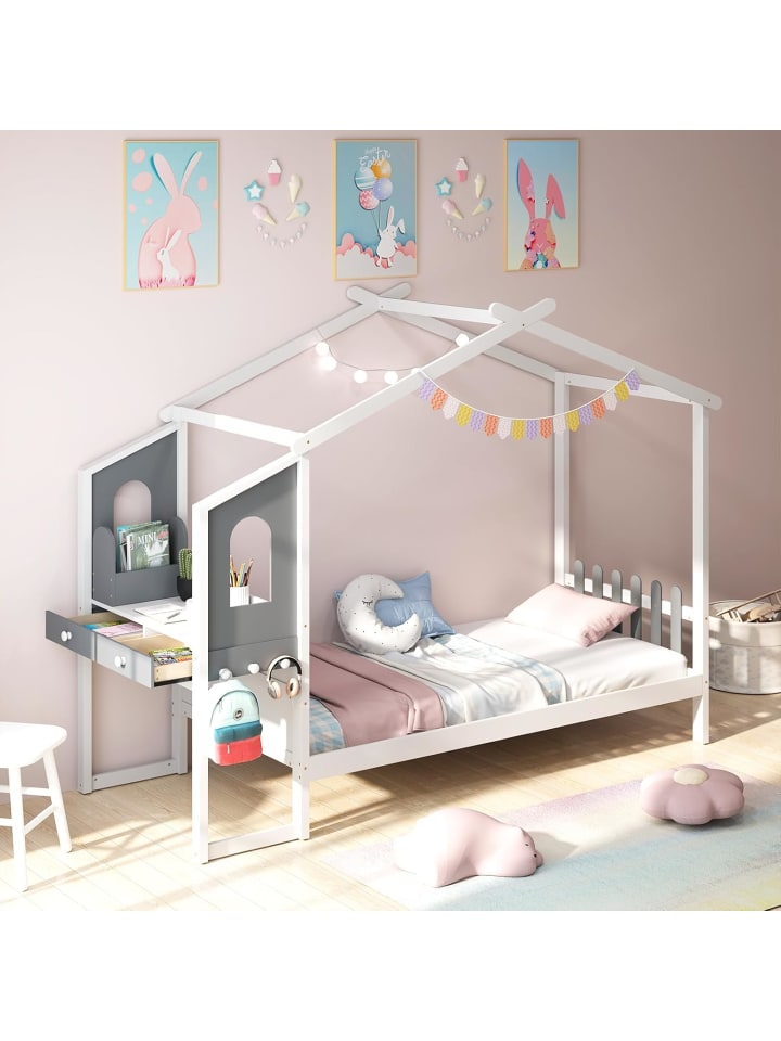 COSTWAY Kinderbett 90x200cm mit Dach & Schreibtisch in Weiß günstig kaufen onesize