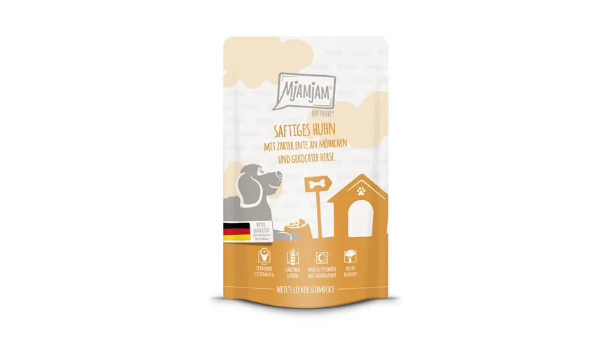 MjAMjAM Hundenassfutter Quetschie saftiges Huhn mit zarter Ente an Möhrchen und gekochter Hirse 125 g