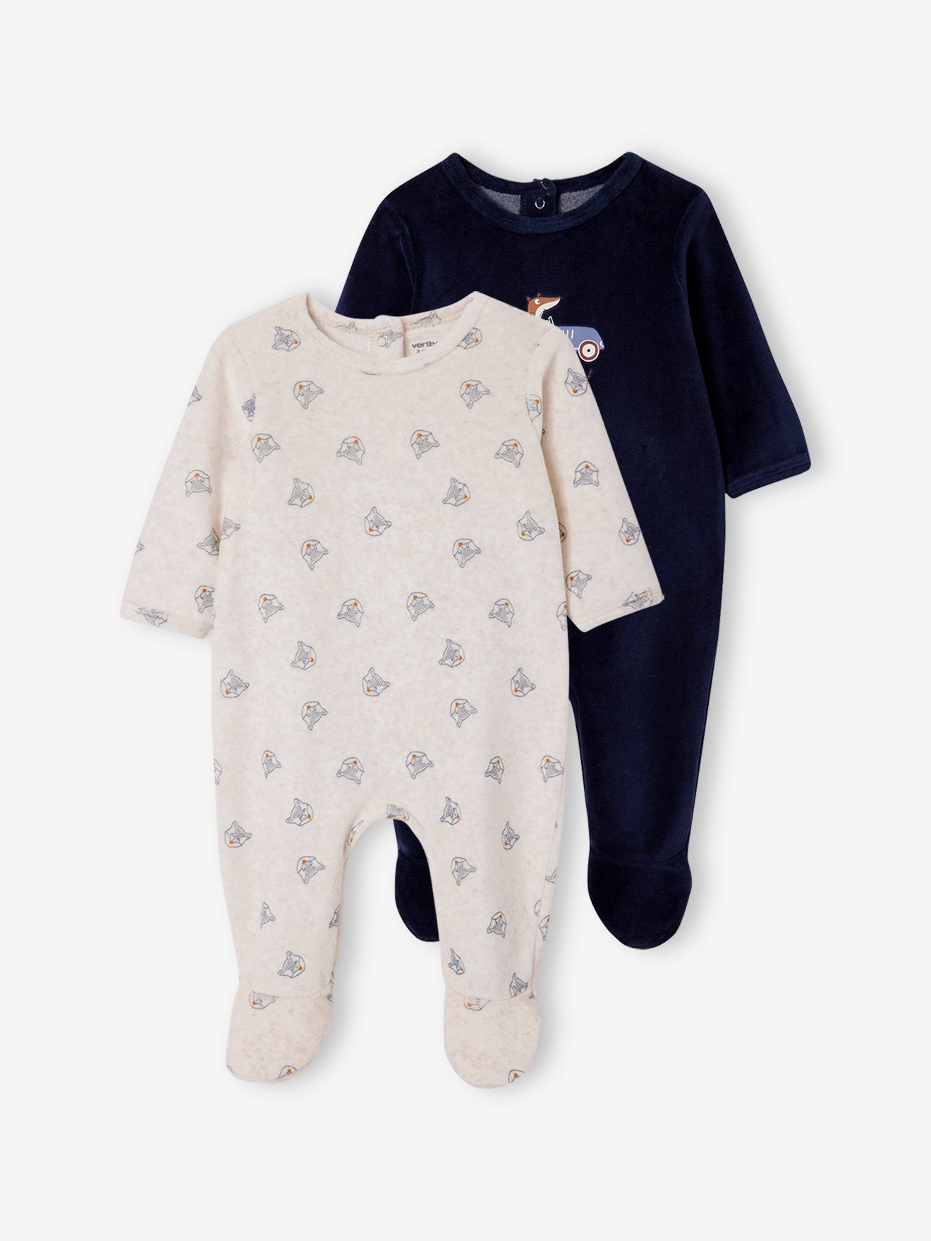 Vertbaudet 2er-Pack Baby Samt-Strampler mit Füchsen Oeko-Tex - marine
