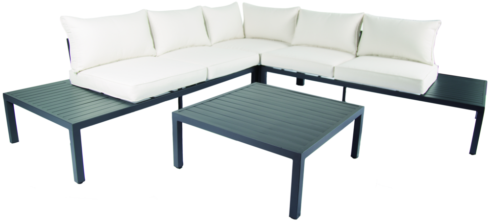 Never Indoor Aluminium Eckloungeset 14 tlg. mit Tischablage & Polsterkissen schwarz / creme