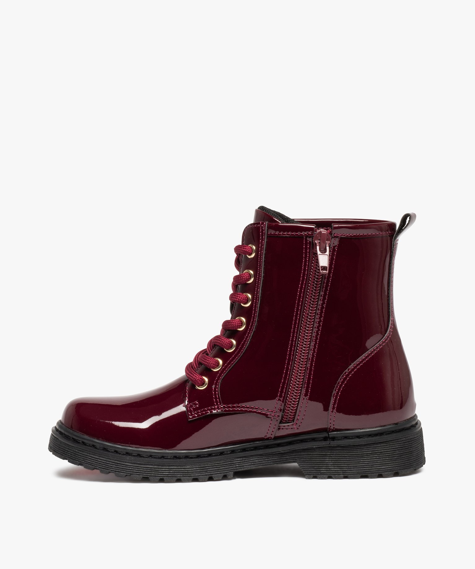Boots fille vernies à lacets et zip style rangers rouge fonce | GEMO