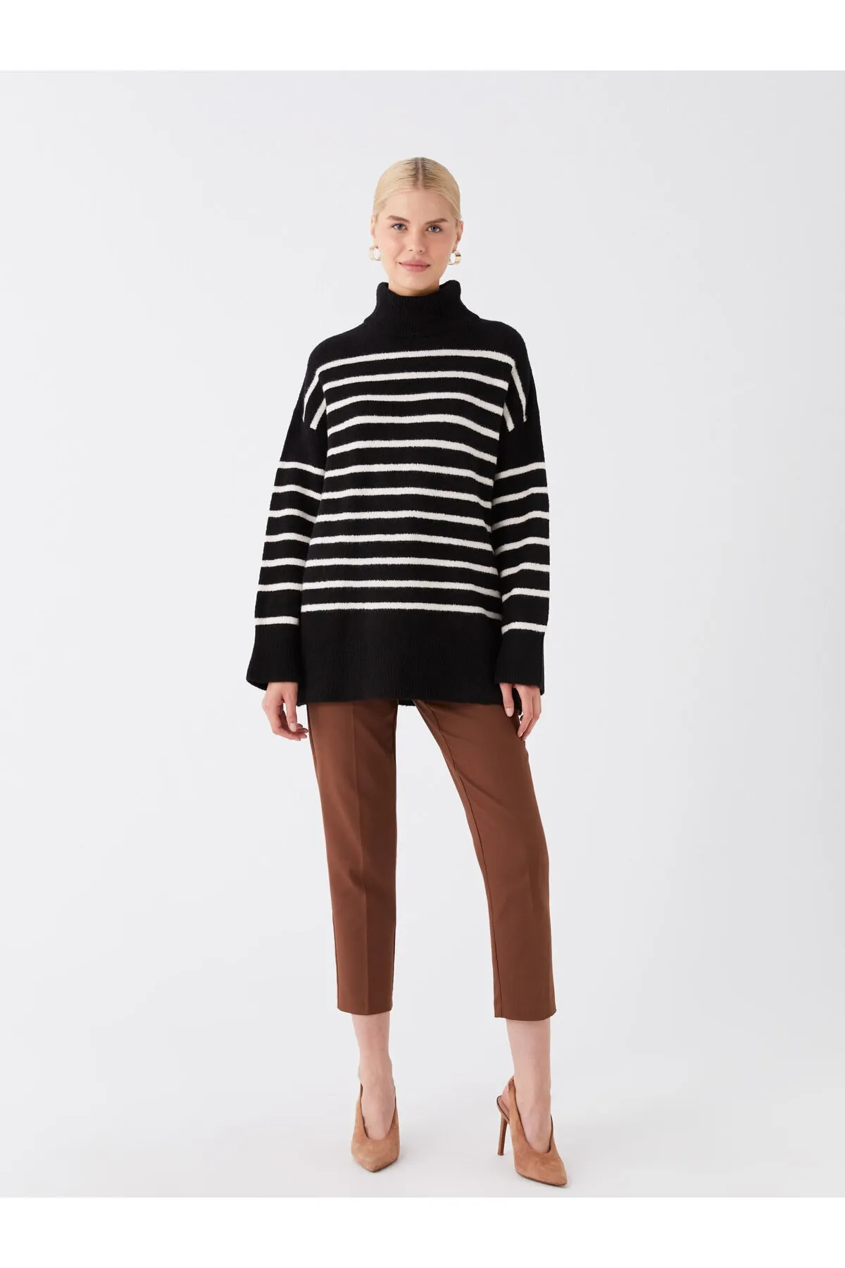 LC Waikiki  Rollkragenpullover mit Streifen und langen Ärmeln in Übergröße für Damen