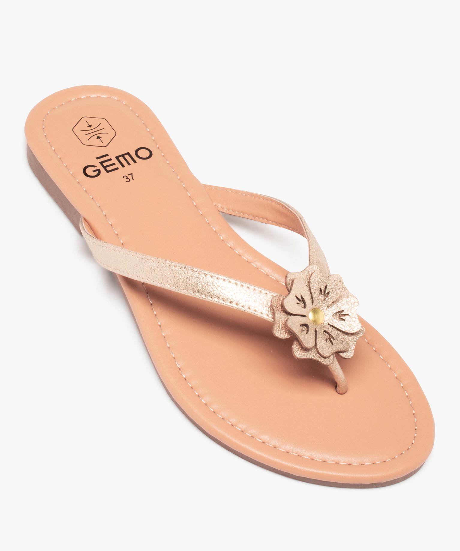 Tongs femme à petit talon plat et fleur sur l’entre-doigts or | GEMO