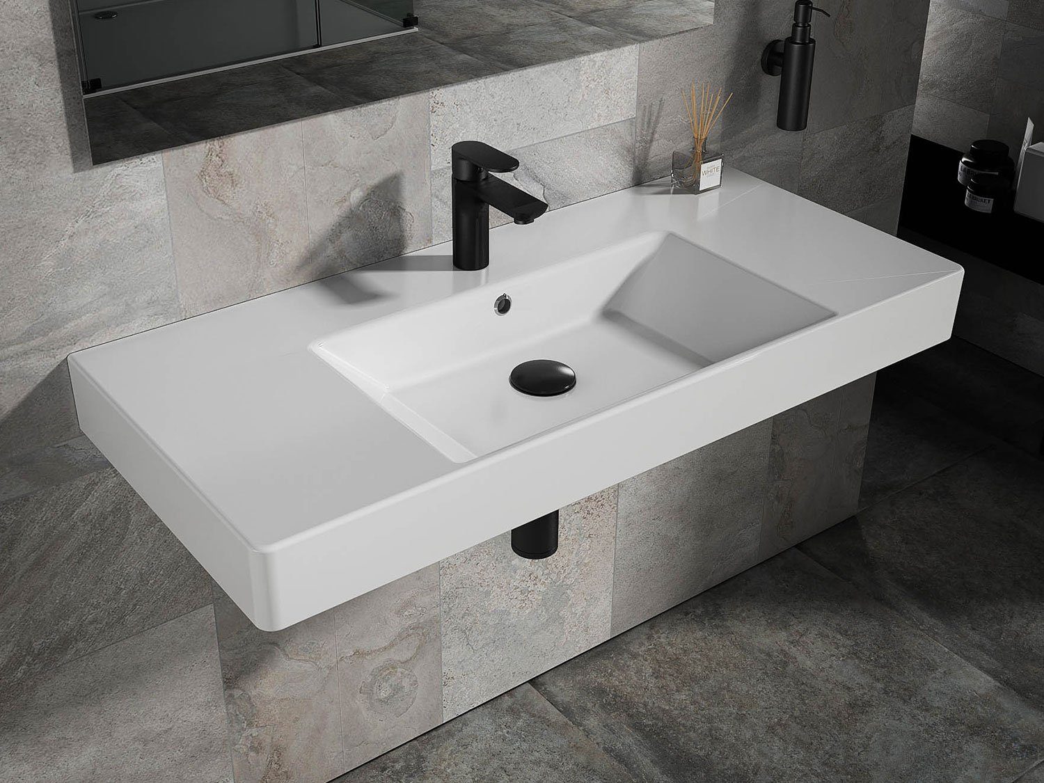 Aqua Bagno Waschbecken Quadra Soft Keramik Waschtisch 100cm weiß Waschbec (Packung)