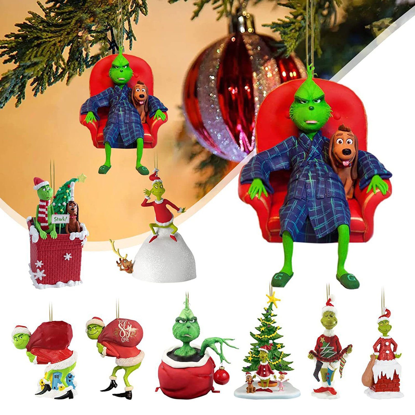 farfi Dekohänger Weihnachtsanhänger, Grinch-Figur,farbechter Christbaumschmuck-Anhänger (1 Pc, 9 verschiedene Stile zur Auswahl), Weihnachtsdekoration
