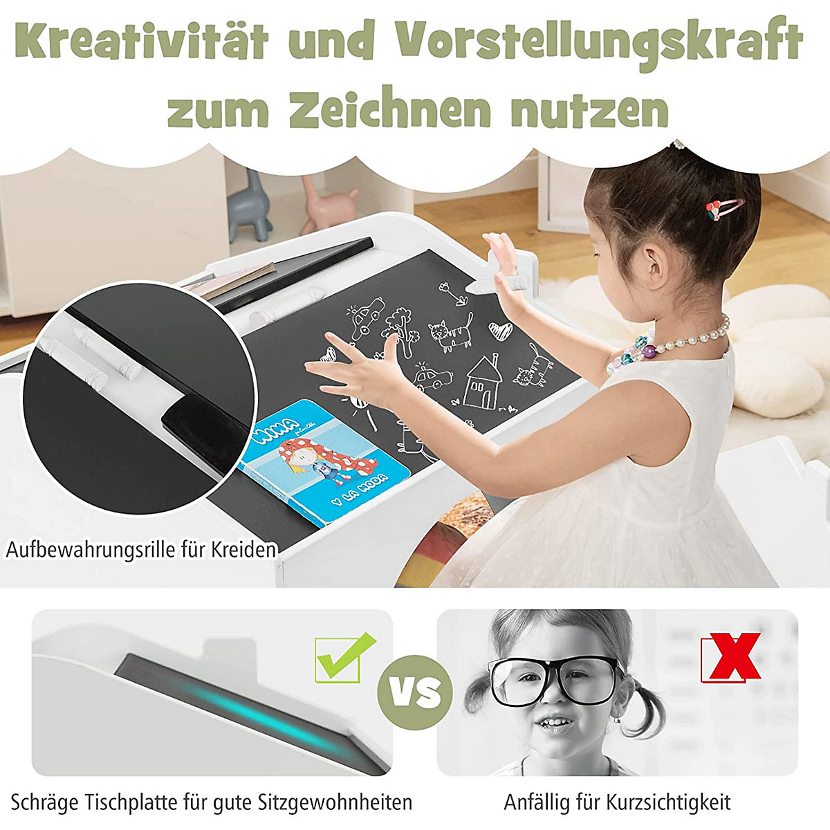 3tlg. Kinder Sitzgruppe Zeichentisch mit Tafel & Stauraum Hausform