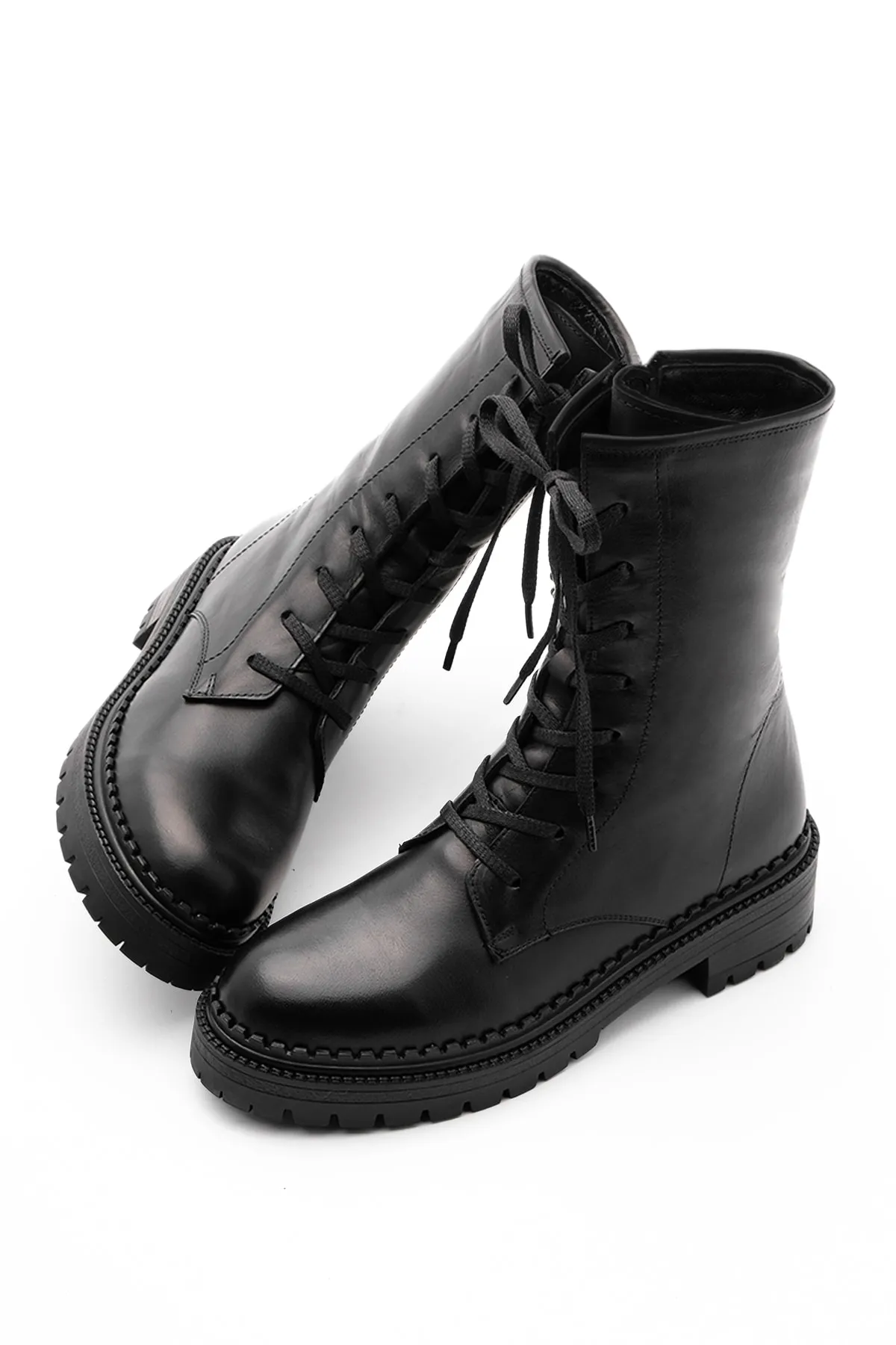 Marjin  Damen-Stiefel aus echtem Leder mit Reißverschluss, Schnürung, gezackte Sohle, Freizeitstiefel Kariva Schwarz