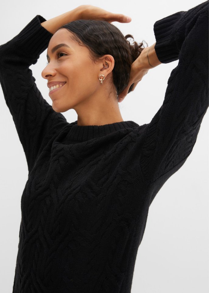 Rundhals-Pullover mit Zopfmuster