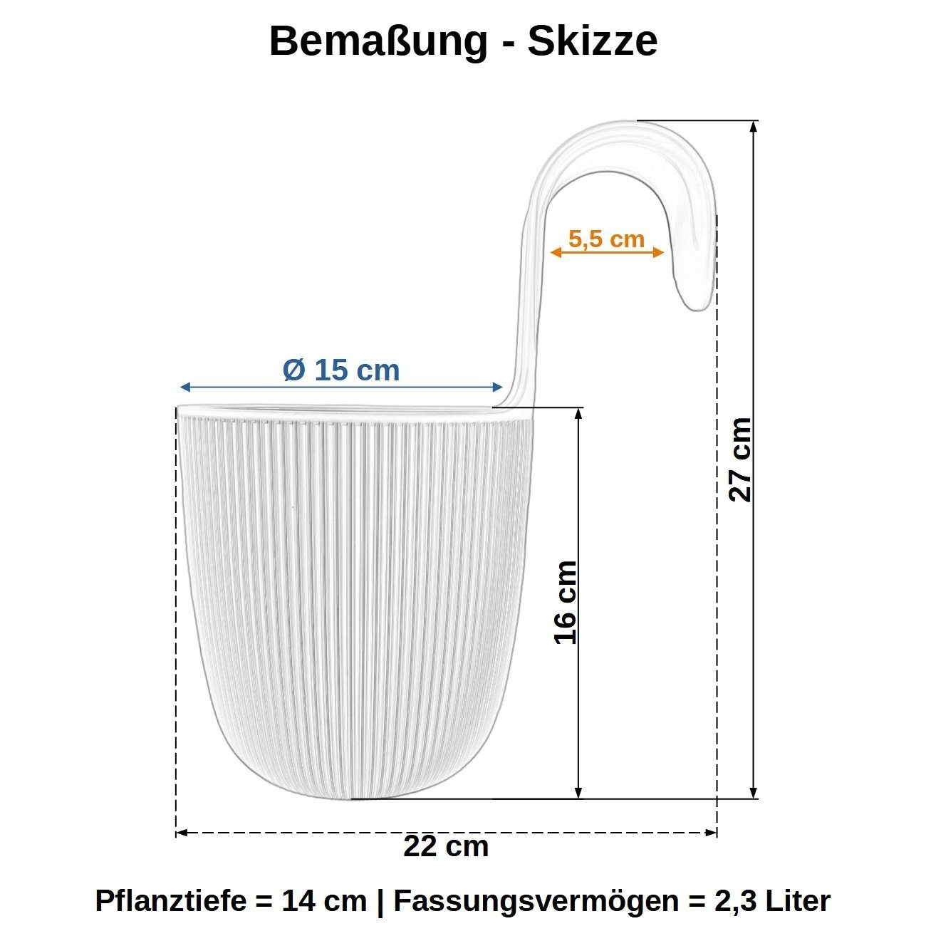 Engelland Blumentopf Blumentopf zum Hängen (Vorteils-Set, 1 St., Fassungsvermögen 2,3 Liter), UV-Beständig, Frostbeständig, Drainagesystem, ideal für Geländer/Zäune