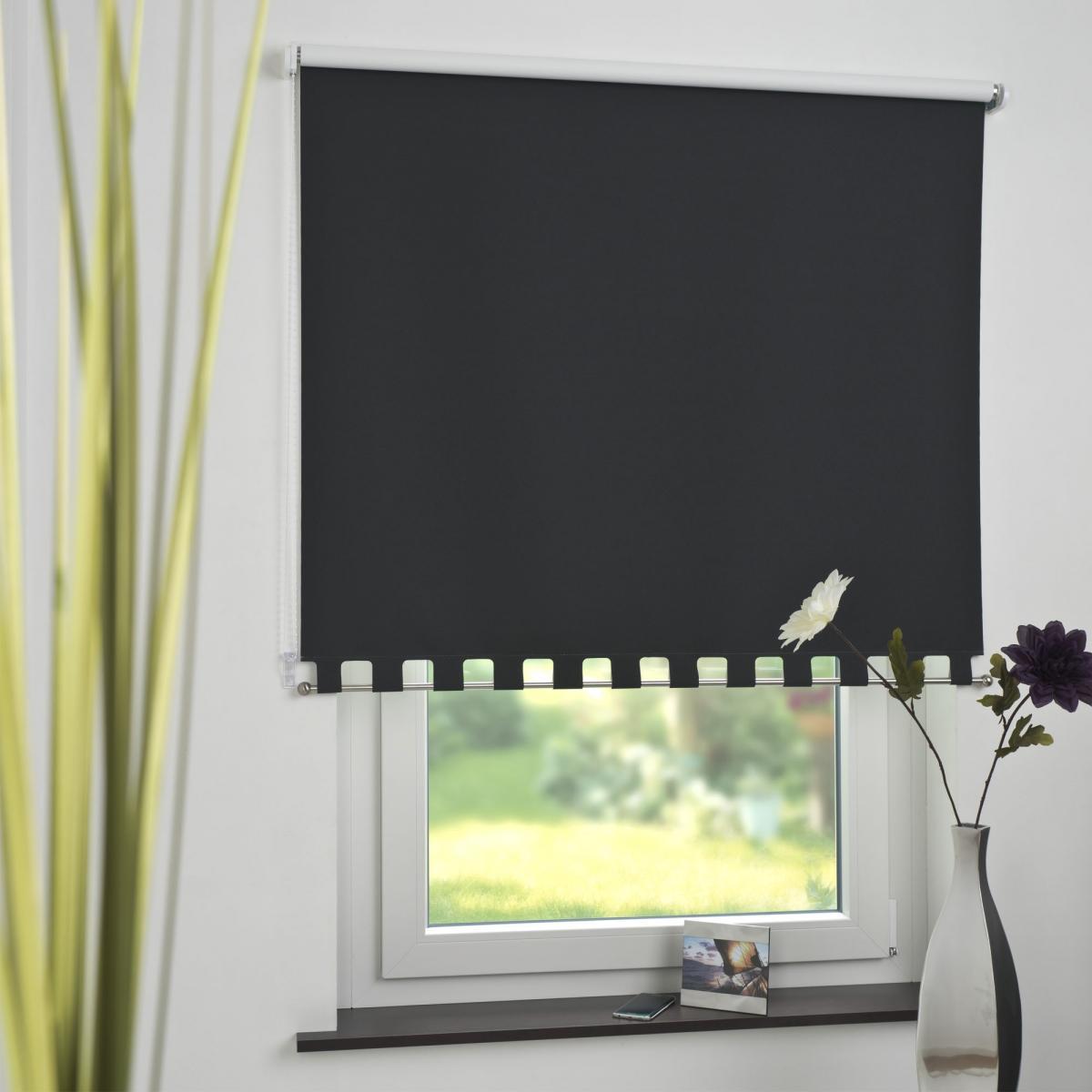Bella Casa Seitenzugrollo Kettenzugrollo Volantrollo Rollo Eckig Verdunklung 132 x 180 cm schwarz für Fenster