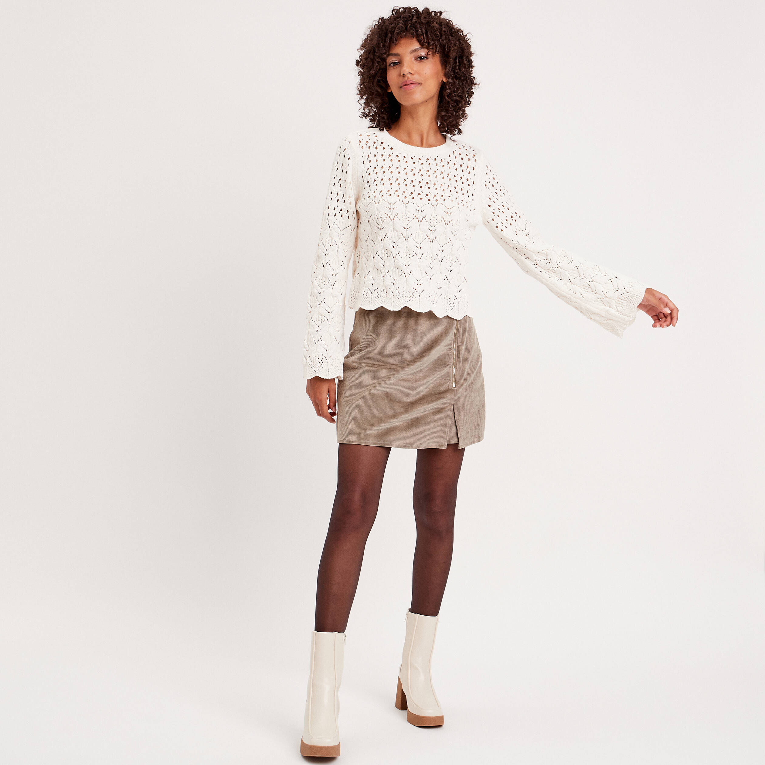 Pull ajouré avec bord festonné ivoire femme | Cache Cache