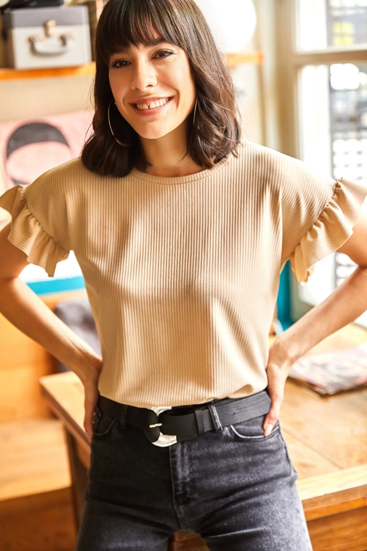 Olalook  Rüschen-Camisole-T-Shirt mit Steinärmeln für Damen TSH-19000417