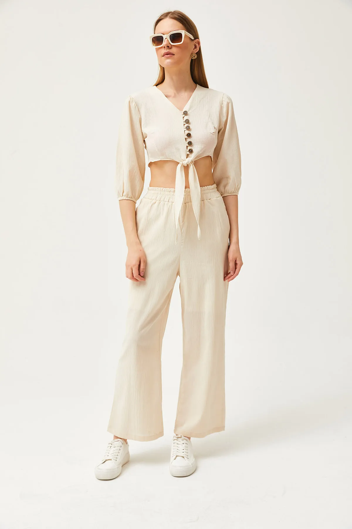 Olalook  Damen-Set mit Steinoberteil, geknöpfter Bluse und Hose mit unterer Tasche, Leinen-Set TKM-19000277