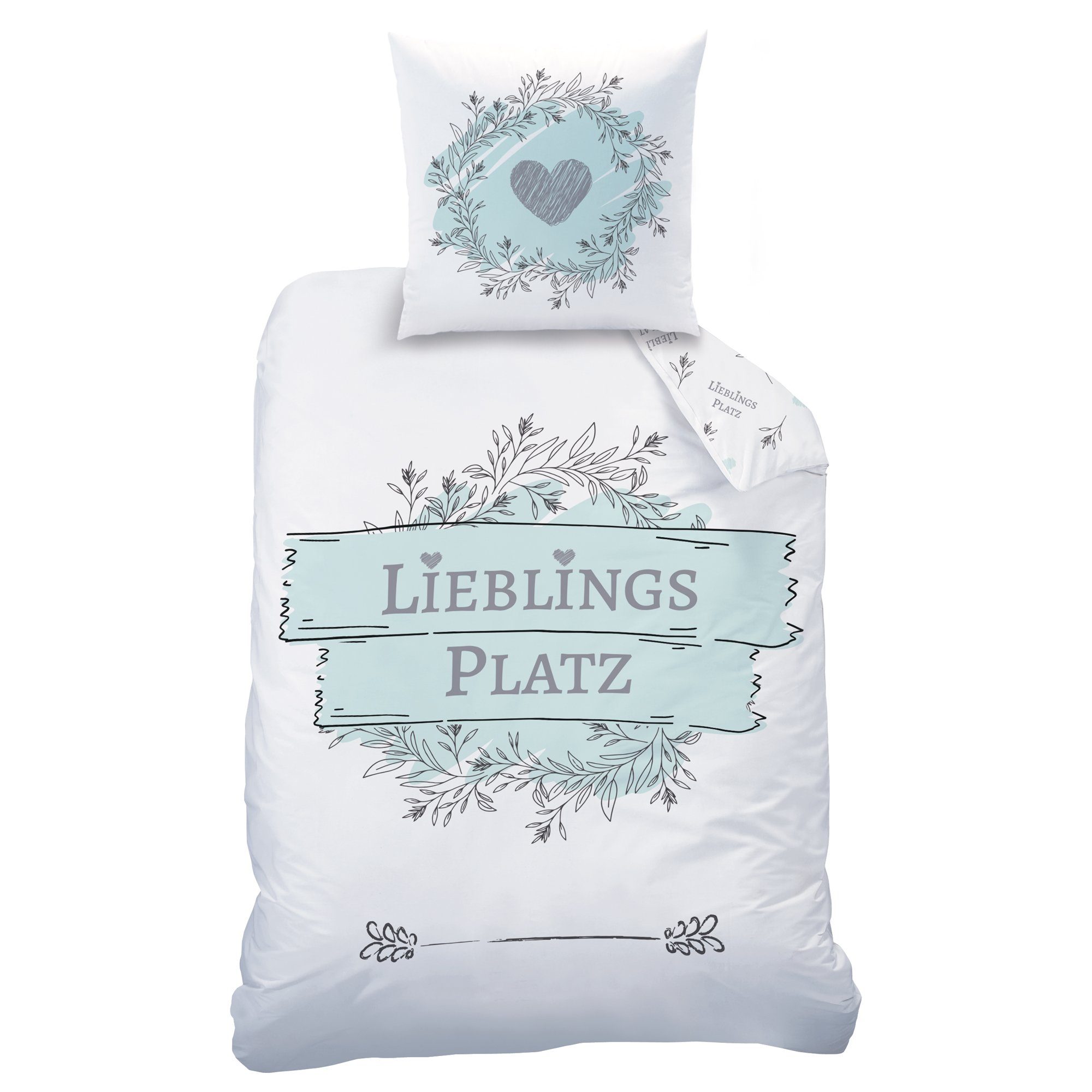 Bettwäsche Lieblingsplatz 135x200 + 80x80 cm, 100 % Baumwolle, MTOnlinehandel, Renforcé, 2 teilig, Blumen, Herz & Spruch, Bettwäsche für Kinder, Teenager und Erwachsene