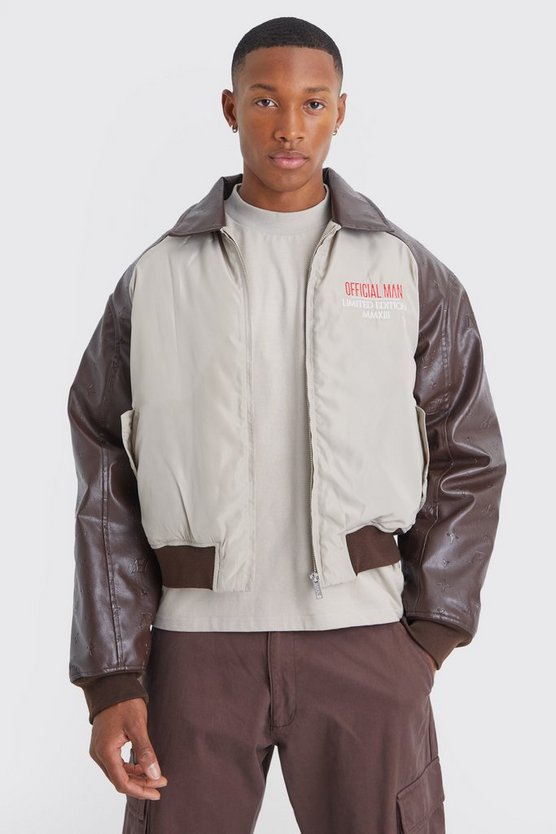 Kastige PU & Kontrast Nylon-Bomberjacke