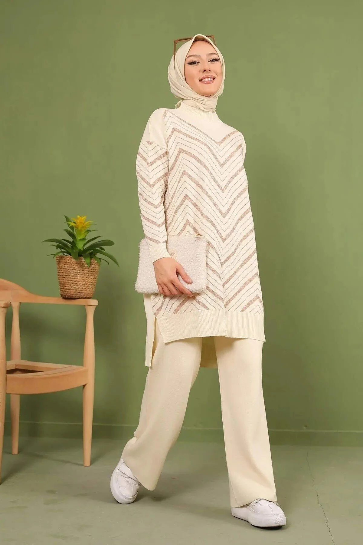 MODAQU  Glitzer-Strick-Tunika-Hosen-Set – Stein