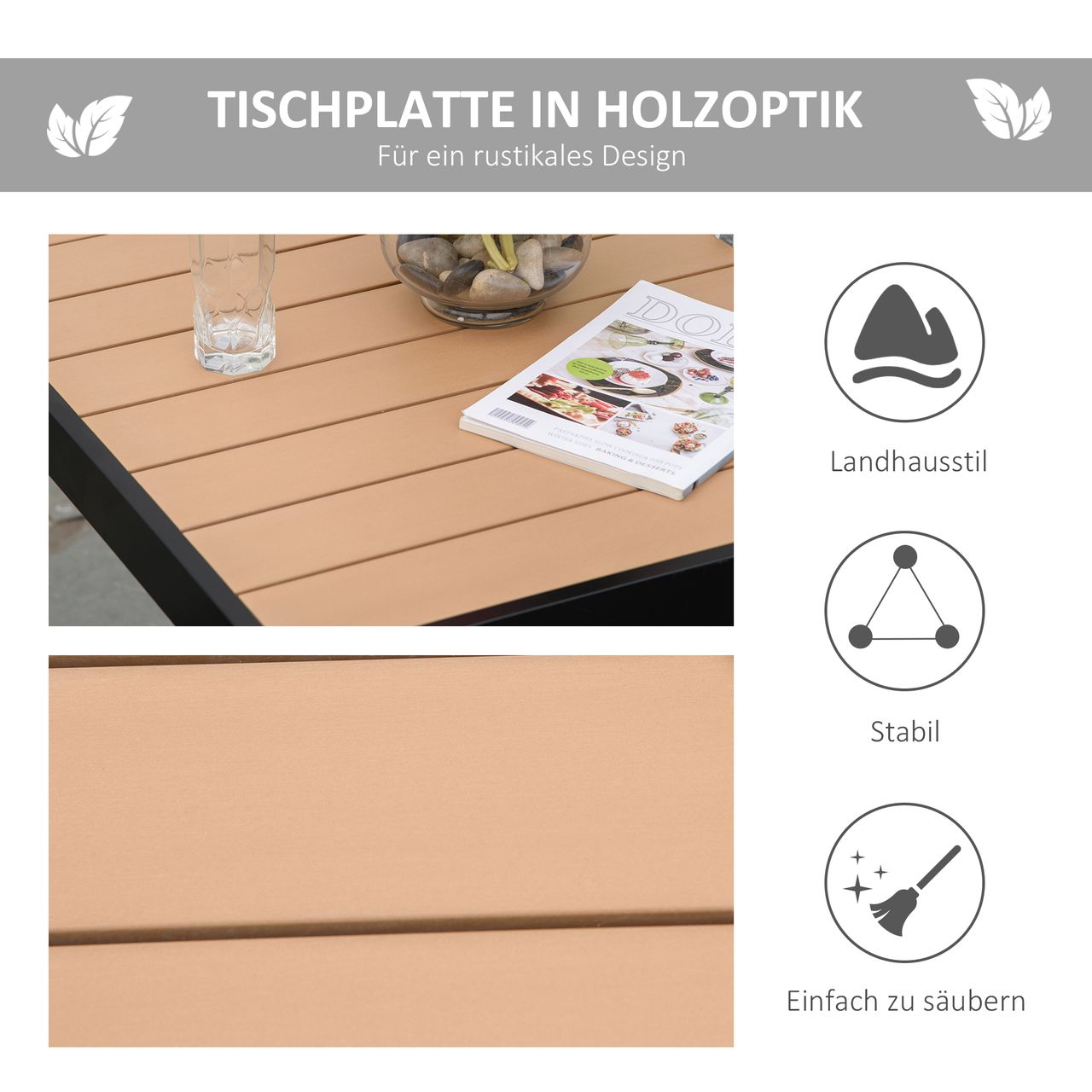 Outsunny Gartentisch für 4 Personen Esstisch Aluminiumtisch Gartenmöbel Loungemöbel pflegeleicht Kunststoff Natur 80 x 80 x 74 cm