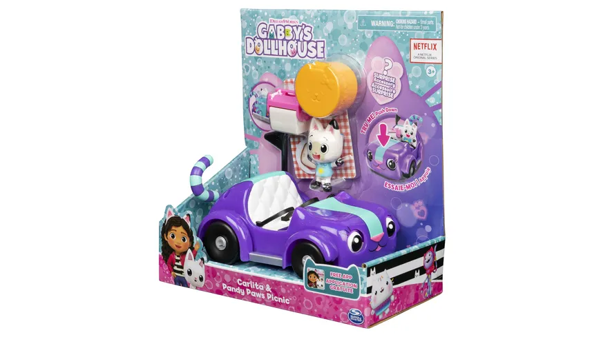 Gabby’s Dollhouse, Carlita-Spielzeugauto mit Pandy Paws-Sammelfigur, 2 Zubehörteilen und 1 Überraschungsbox