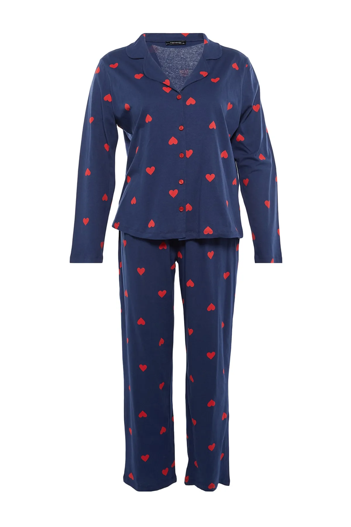 Trendyol Curve  Marineblaues Strick-Pyjama-Set mit Hemdkragen und Herzmuster TBBAW23AI00019