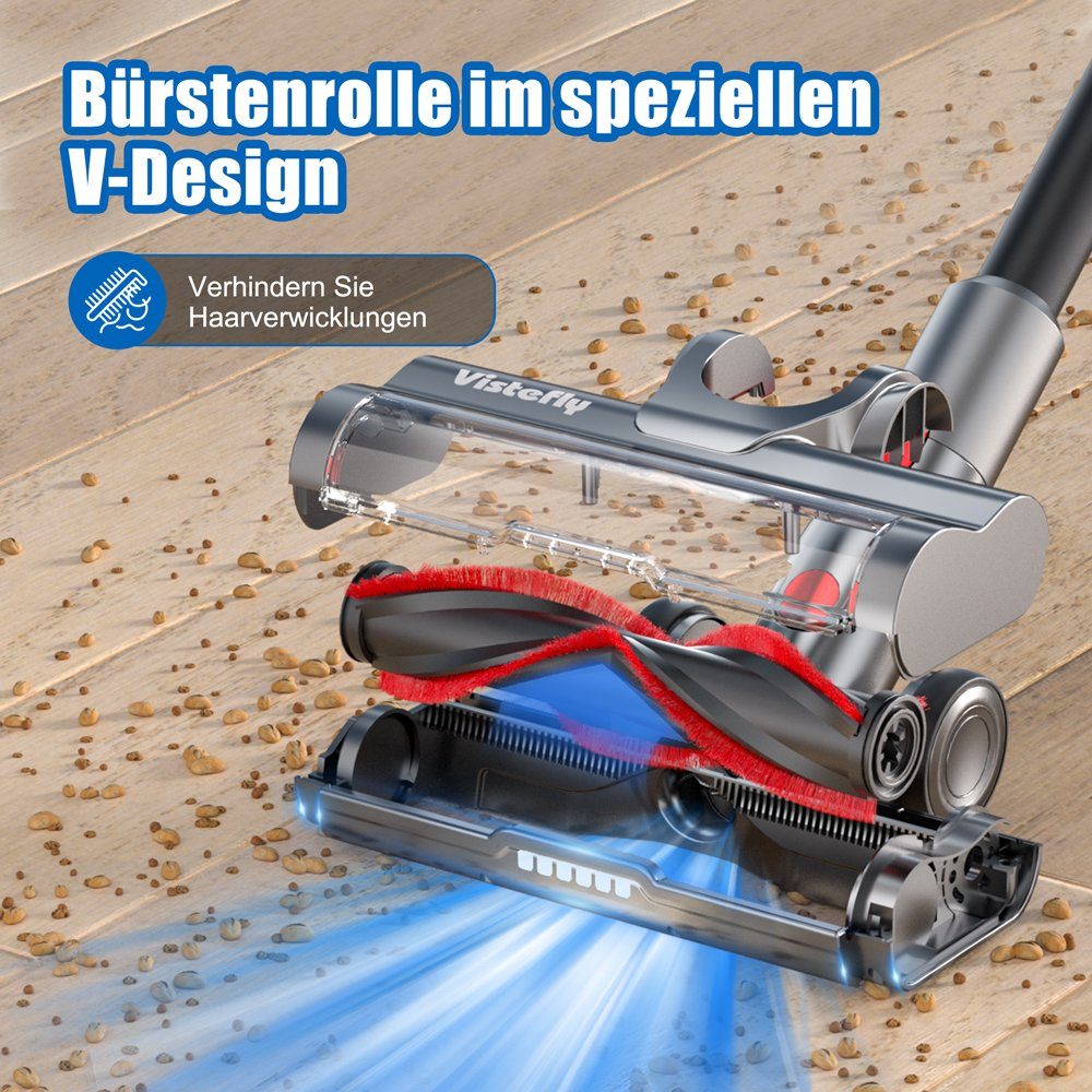 VISTEFLY Akku-Stielstaubsauger V15 Geeignet zur Reinigung von Tierhaaren, Teppichen und Hartböden, 500,00 W, beutellos, automatische Saugkraftregelung, 60 Minuten Laufzeit, 3 Saugmodi