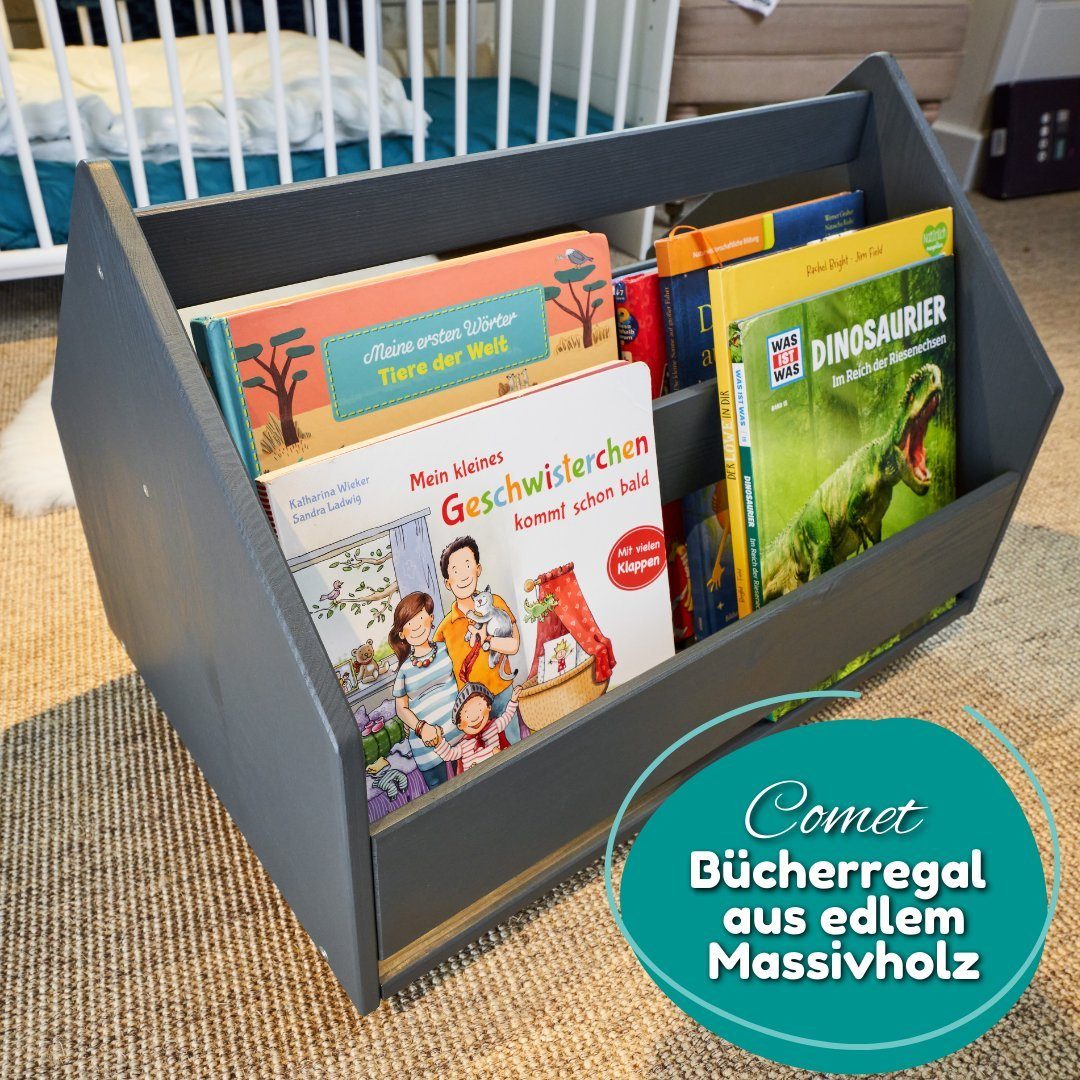 Alavya Home® Bücherregal COMET, Kinder Bücherregal I Kinderregal mit 2 Ablagen 4 Rollen 1-tlg., Aufbewahrungsregal für Bücher in Kinder-Spielzimmer aus Kieferholz