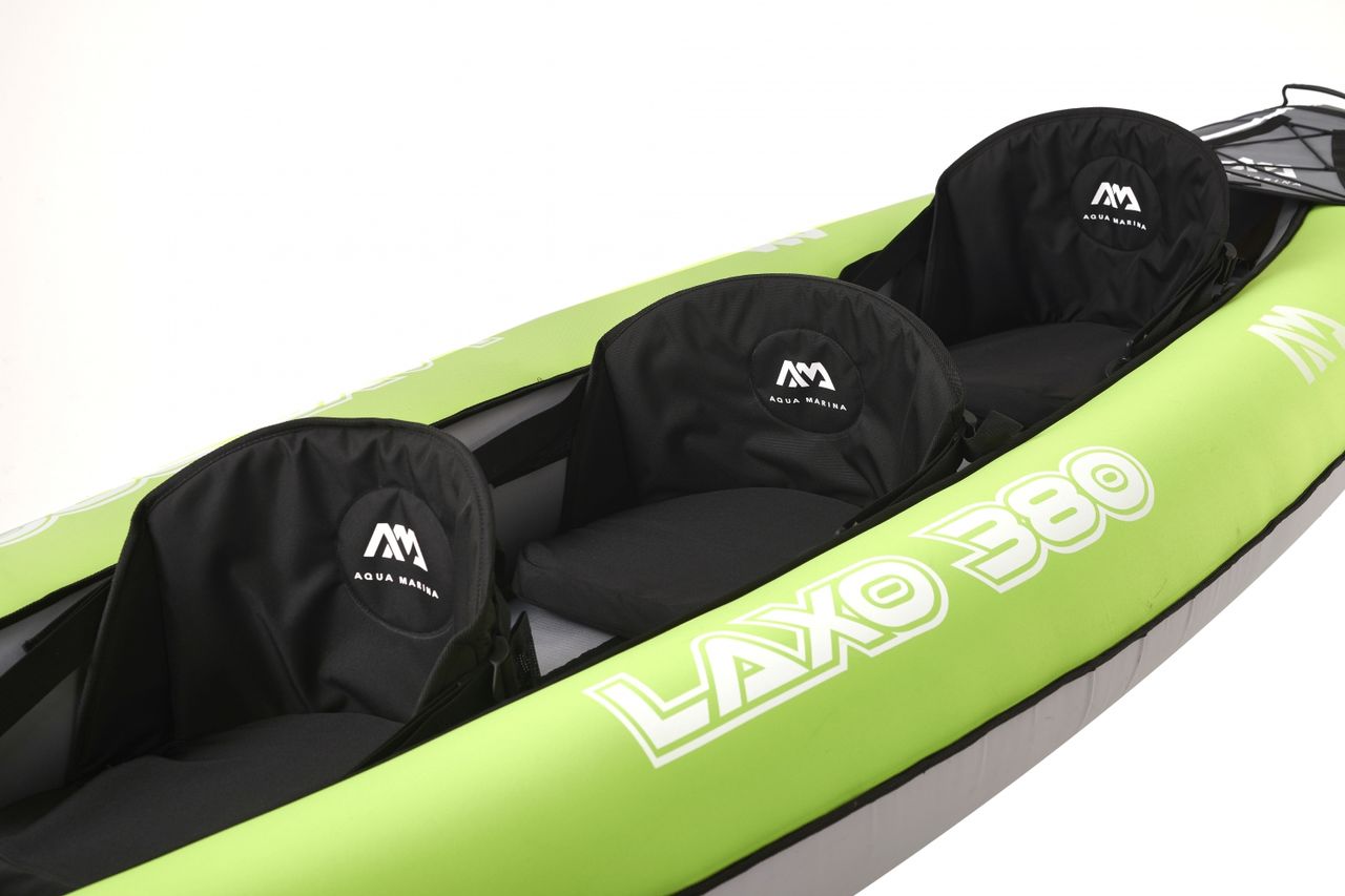 PureHaven Aqua Marina Kajak 380x95 cm. für 3 Personen mit Luftsitz verstellbarer Lehne Transporttasche Reparaturset und Handpumpe strapazierfähig Grün/Anthrazit
