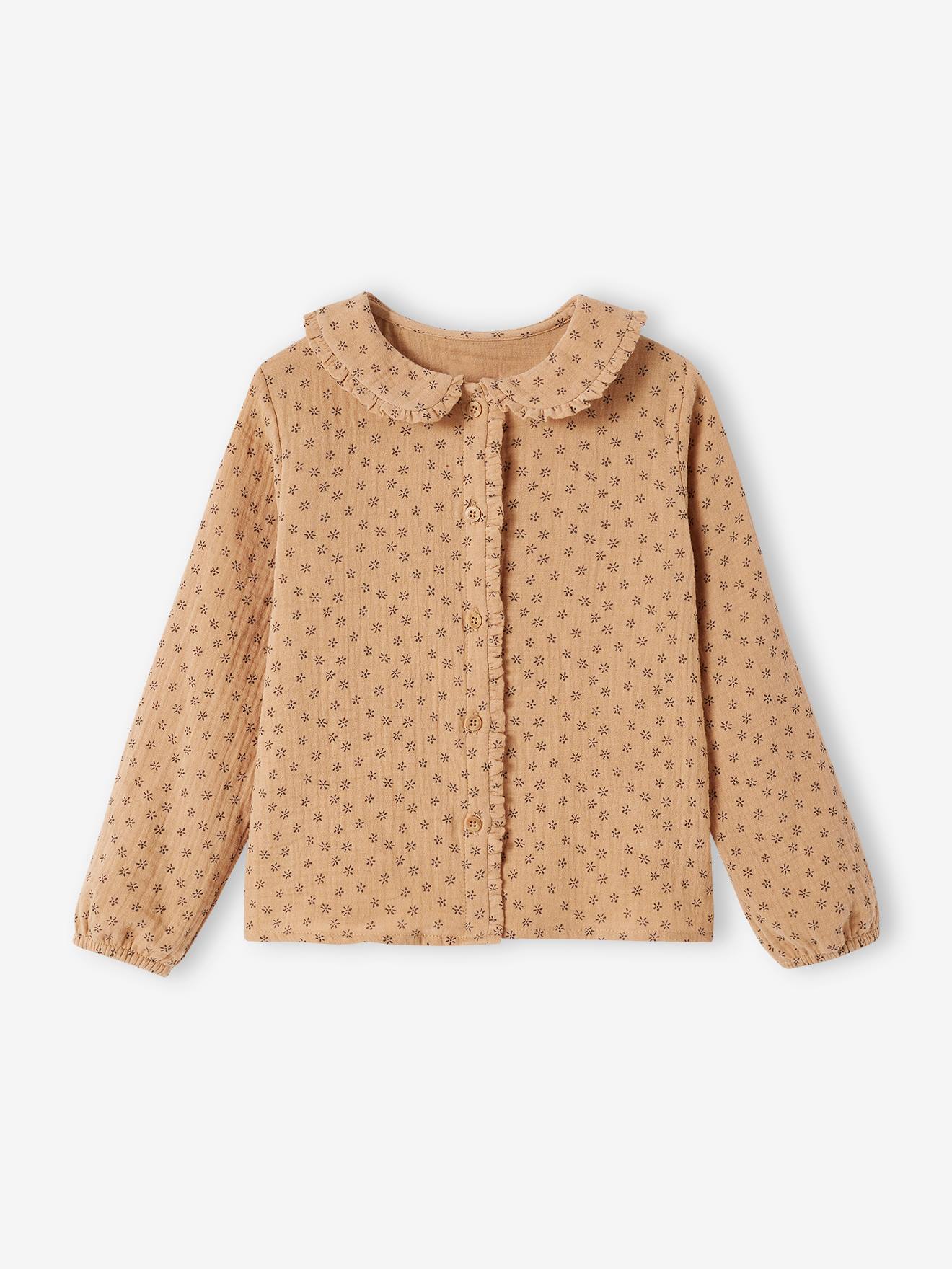 Vertbaudet Mädchen Bluse aus Musselin mit Rüschen, personalisierbar - wollweiß bedruckt