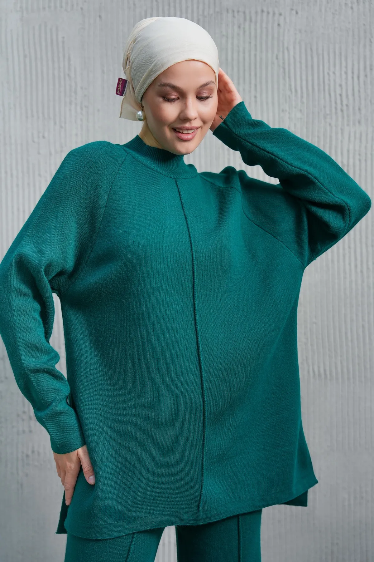 bayansepeti  Flexibler Strickstoff, Stehkragen, Langarm-Oberteil und geschlitzte Beinhose, grünes Hijab-Unterteil-Oberteil-Set 1070
