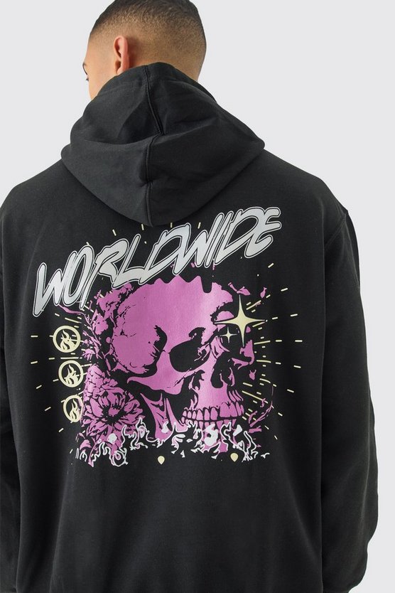 Oversize Worldwide Hoodie mit Totenkopf-Print