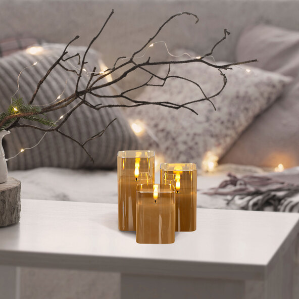 LED-Glaskerze, eckig, gold, 3er Set