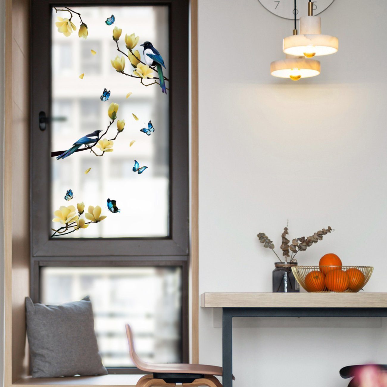 Fenstersticker Dekorative Wandaufkleber mit Pflanzenzweigen, Blumen und Vögeln, Union Reisen