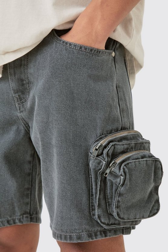 Hellgraue Slim-Fit Jeansshorts mit 3D Cargo-Taschen