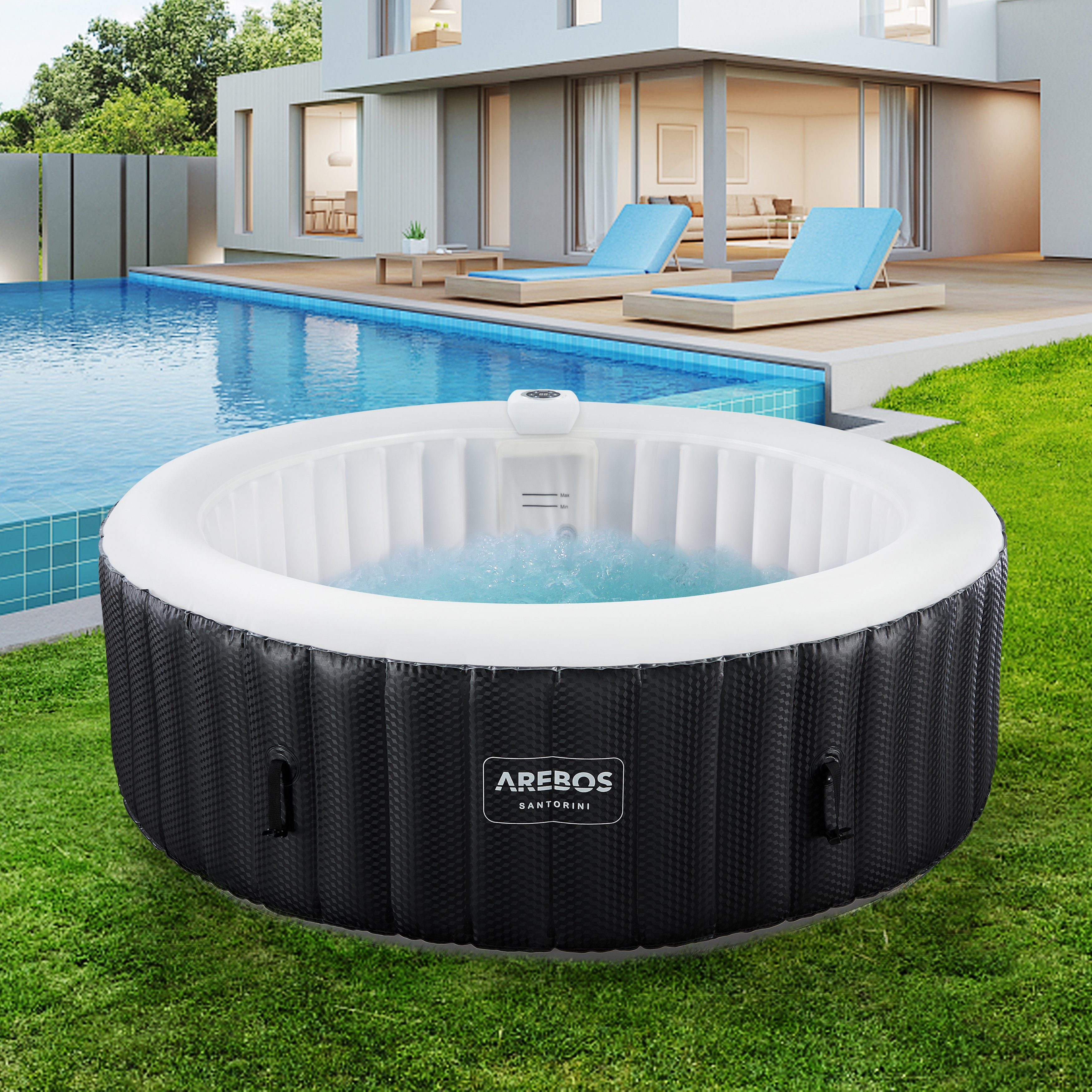 Arebos Whirlpool automatisch aufblasbar, In & Outdoor, 6 Personen, mit LED, (Aufblasbar,komplett mit Zubehör)