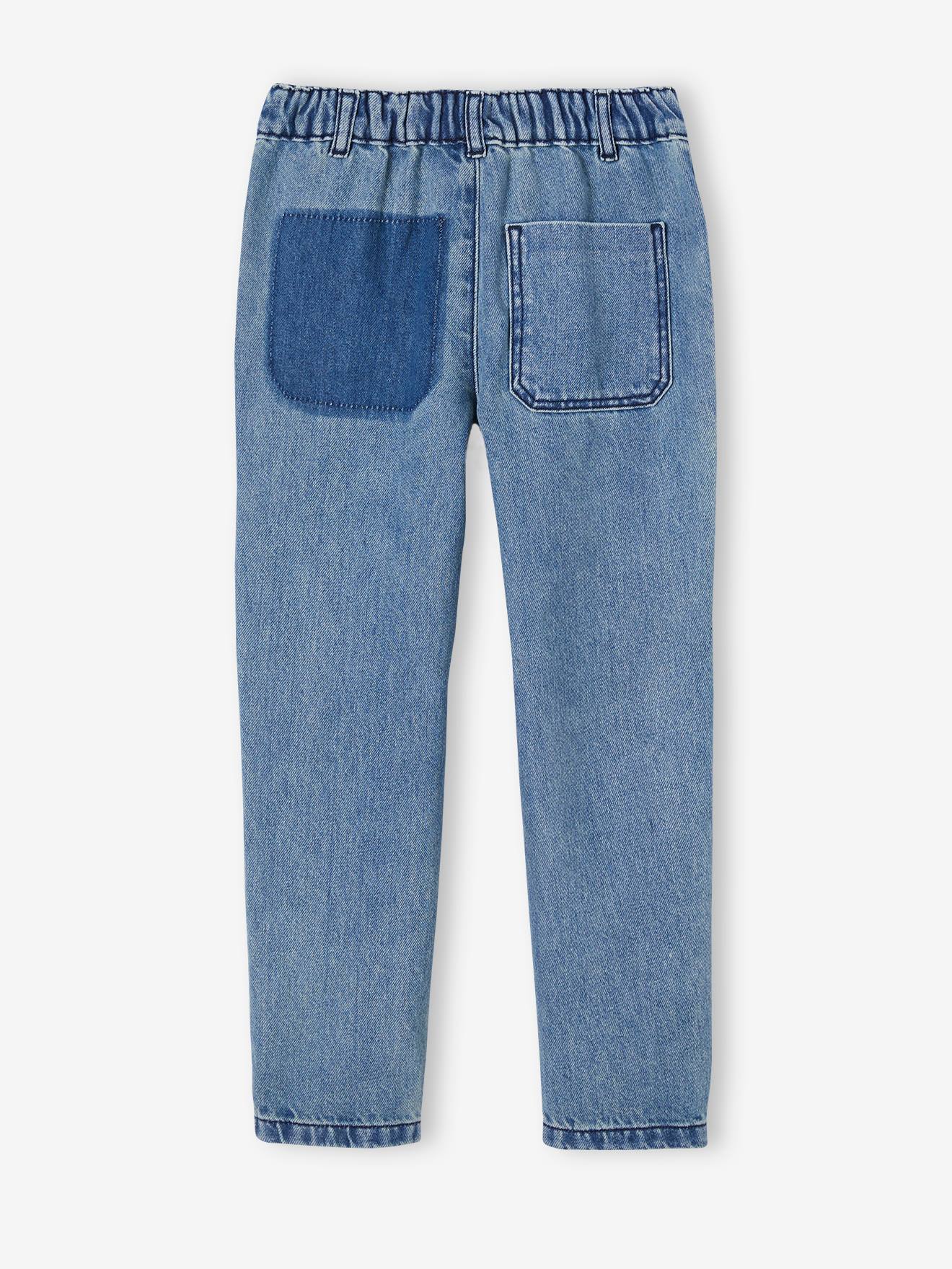 Jean droit loose effet patchs garçon denim bleached