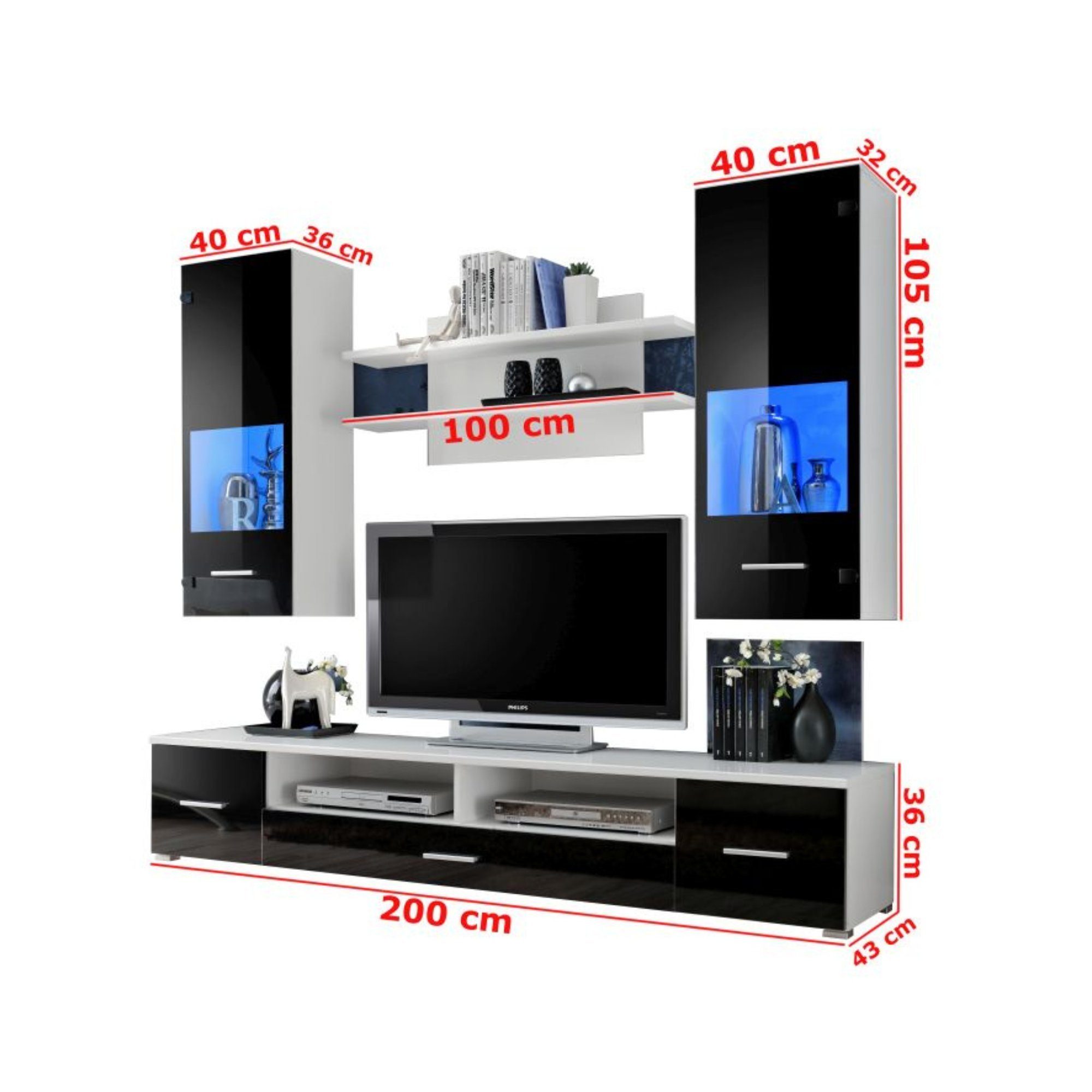 Furnica Wohnwand RENO TV-Schrank, 2 Vitrinen, Regal Weiß Matt/Schwarz Gloss