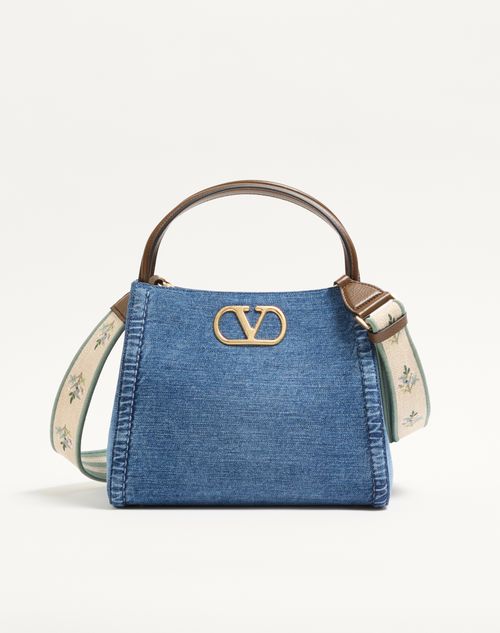 Bolsa Valentino Garavani Alltime Média em Jeans com Alça de Ombro em Fita Bordada