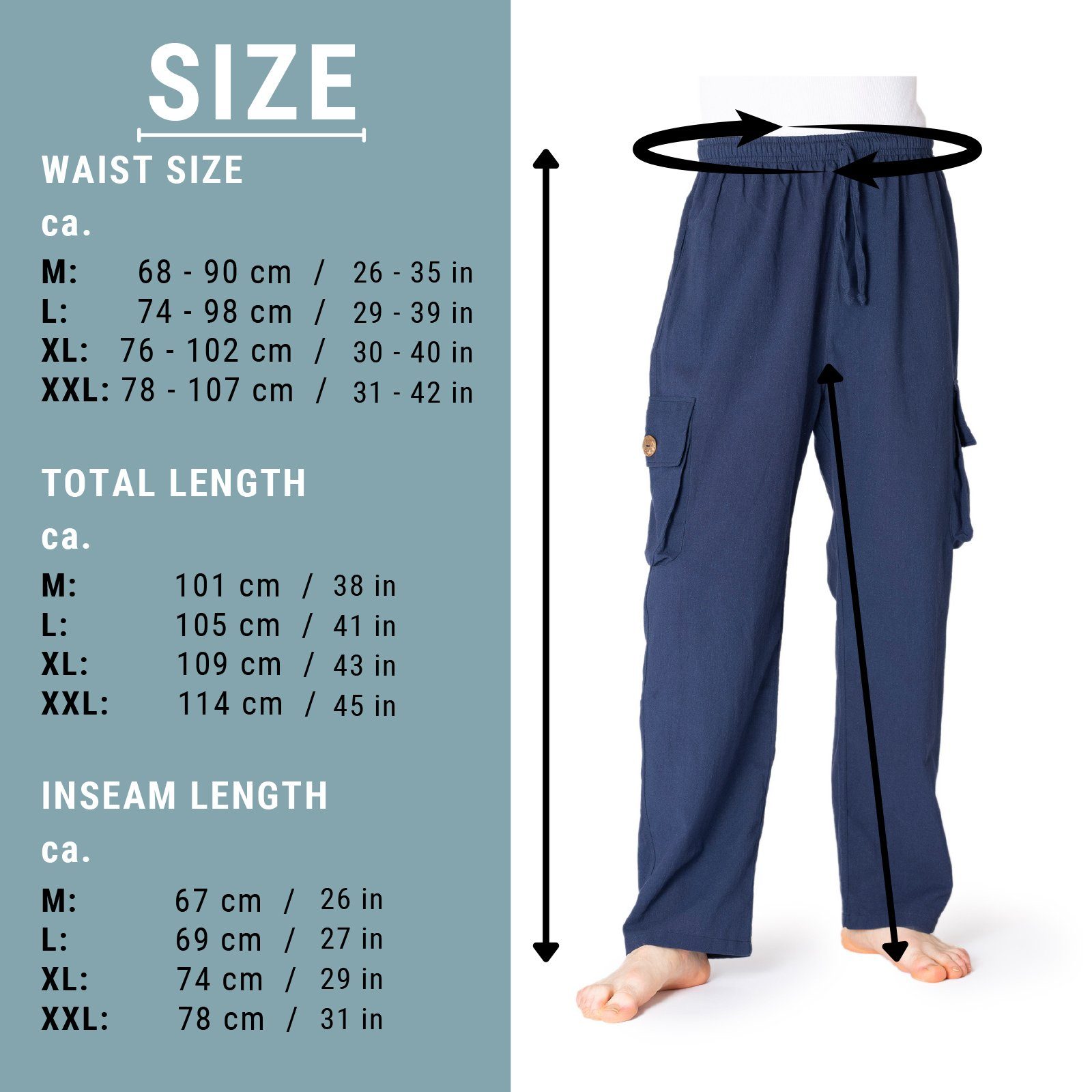 PANASIAM Wellnesshose Cargo-Hose K bequeme Sommerhose mit 4 Taschen aus 100% Baumwolle Unisex Freizeithose für Damen und Herren Relaxhose Cargohose