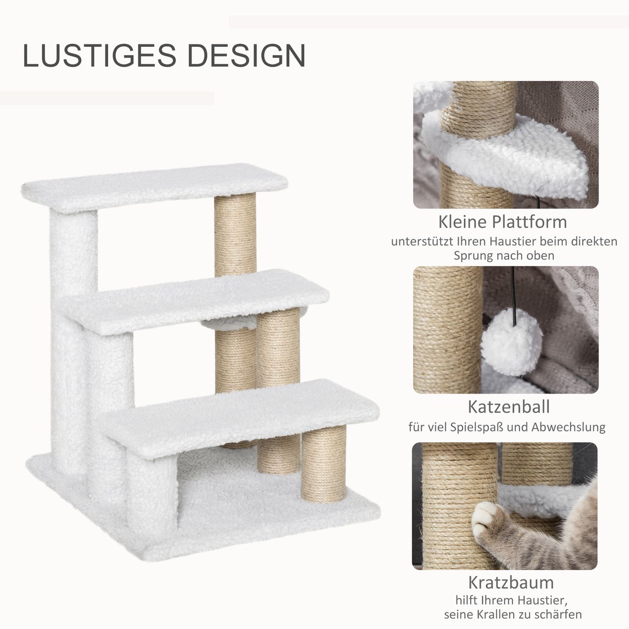 PawHut Haustiertreppe mit Kratzbaum Ball 3-stufige Katzentreppe Hundetreppe Tiertreppe Spanplatte Plüsch Jute Weiß 45 x 40 x 48 cm