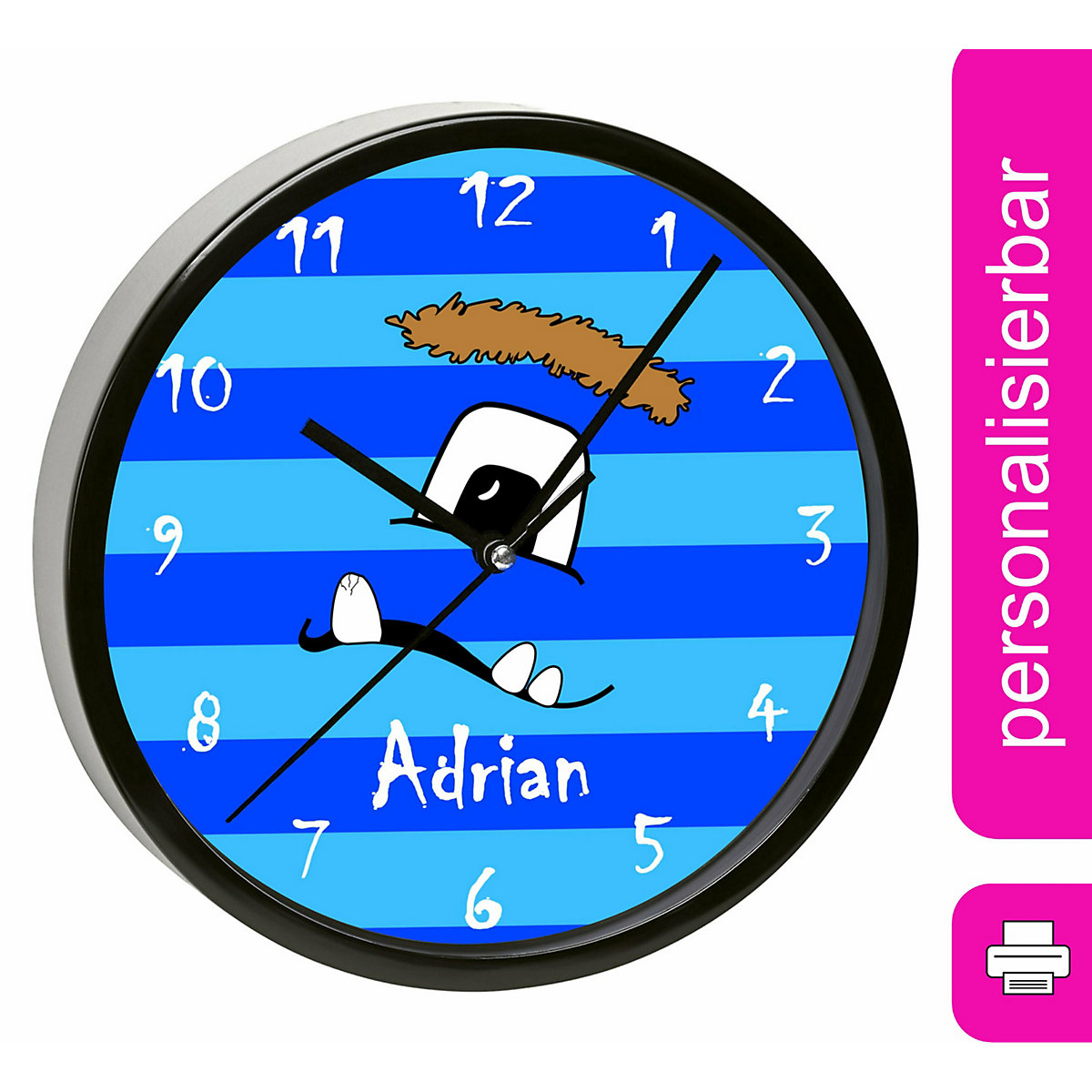 Kinder Wanduhr laufruhig personalisiert mit Name Monster Streifen blau