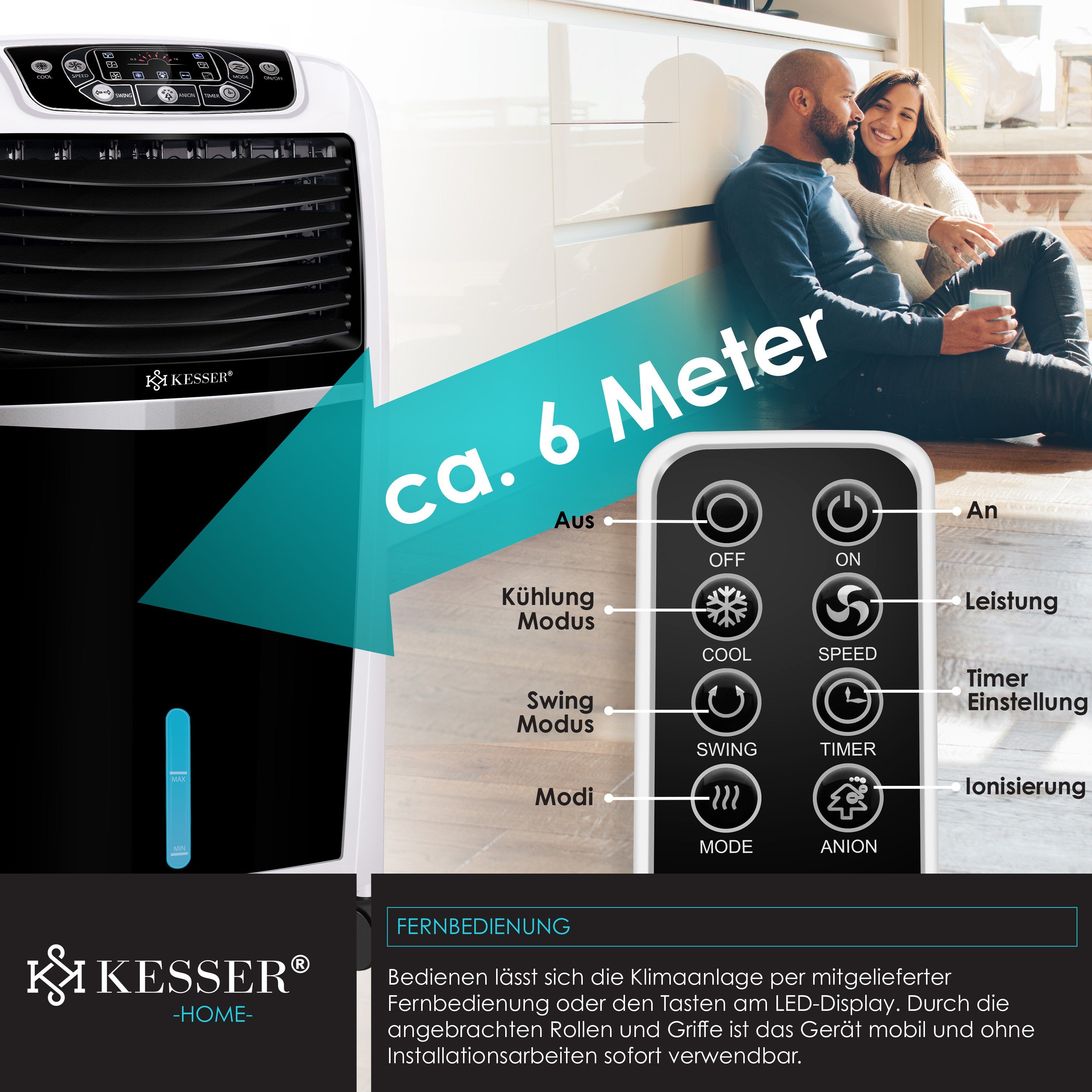 KESSER Turmventilator, 4in1 Mobile Klimaanlage Fernbedienung Klimagerät Ventilator