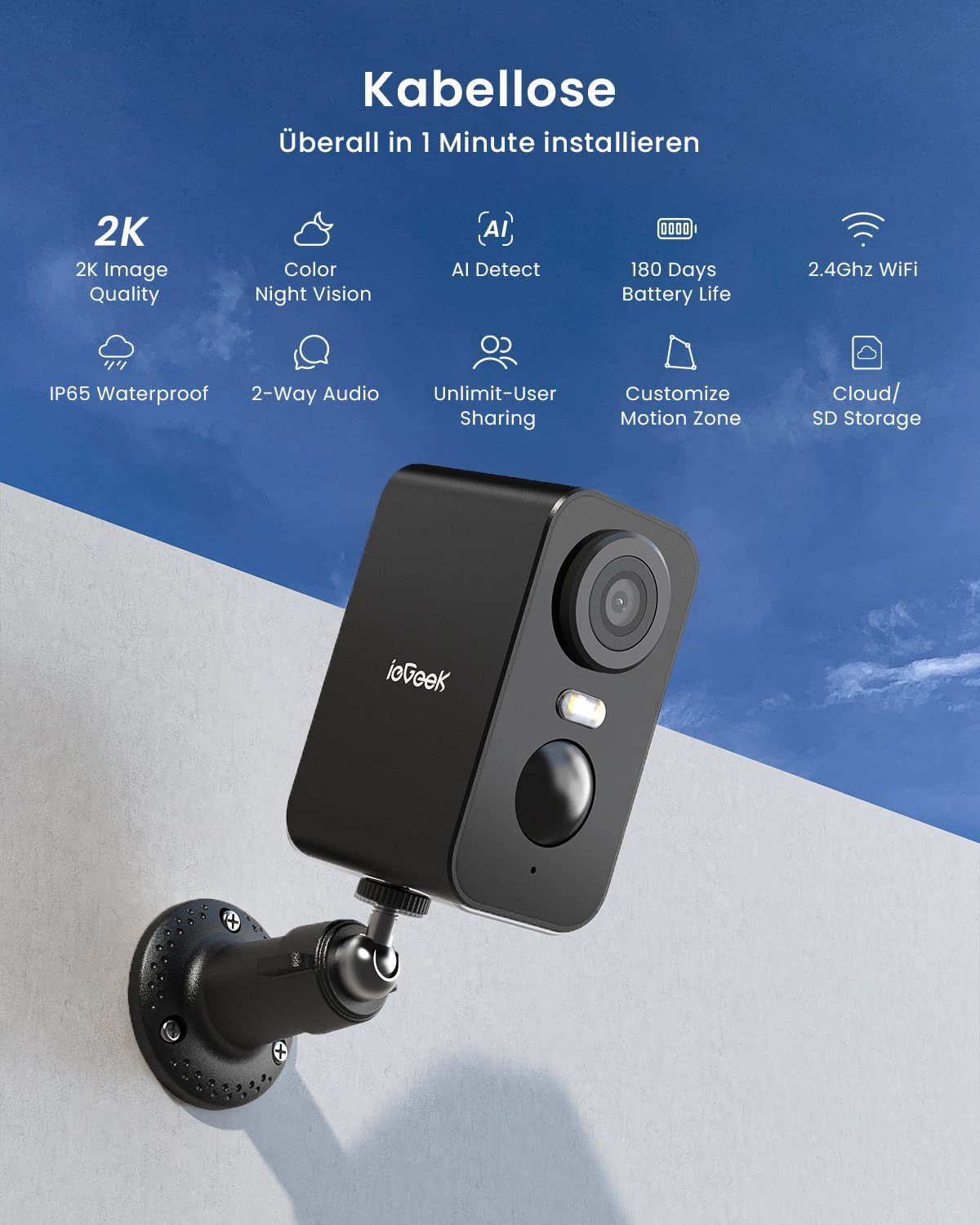 ieGeek 2K 3MP Überwachungskamera Aussen Akku Mit 32GB SD Karte Überwachungskamera (Aussen, Außenbereich, außen/innen, wlan Kabellose Überwachungskamera mit farbige Nachtsicht,PIR-Bewegungserkennung, Lange Zeit Standby,Cloud/SD Storage,IP65,2-Wege Aud