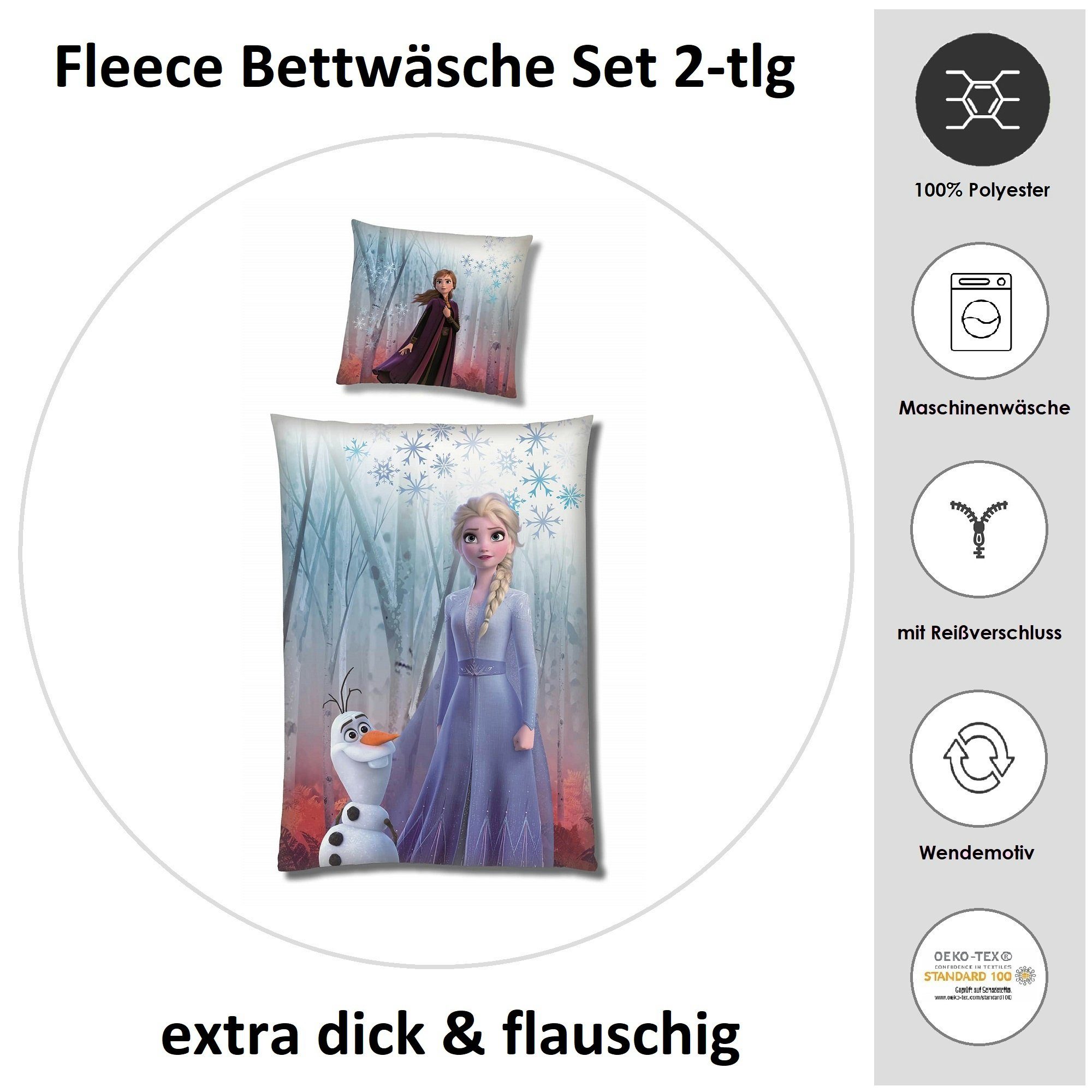 Kinderbettwäsche Frozen Eiskönigin 135x200 80x80 cm, extra flauschig mit Reißverschluss, Familando, Fleece, 2 teilig, mit Anna, Elsa und Olaf im Zauberwald
