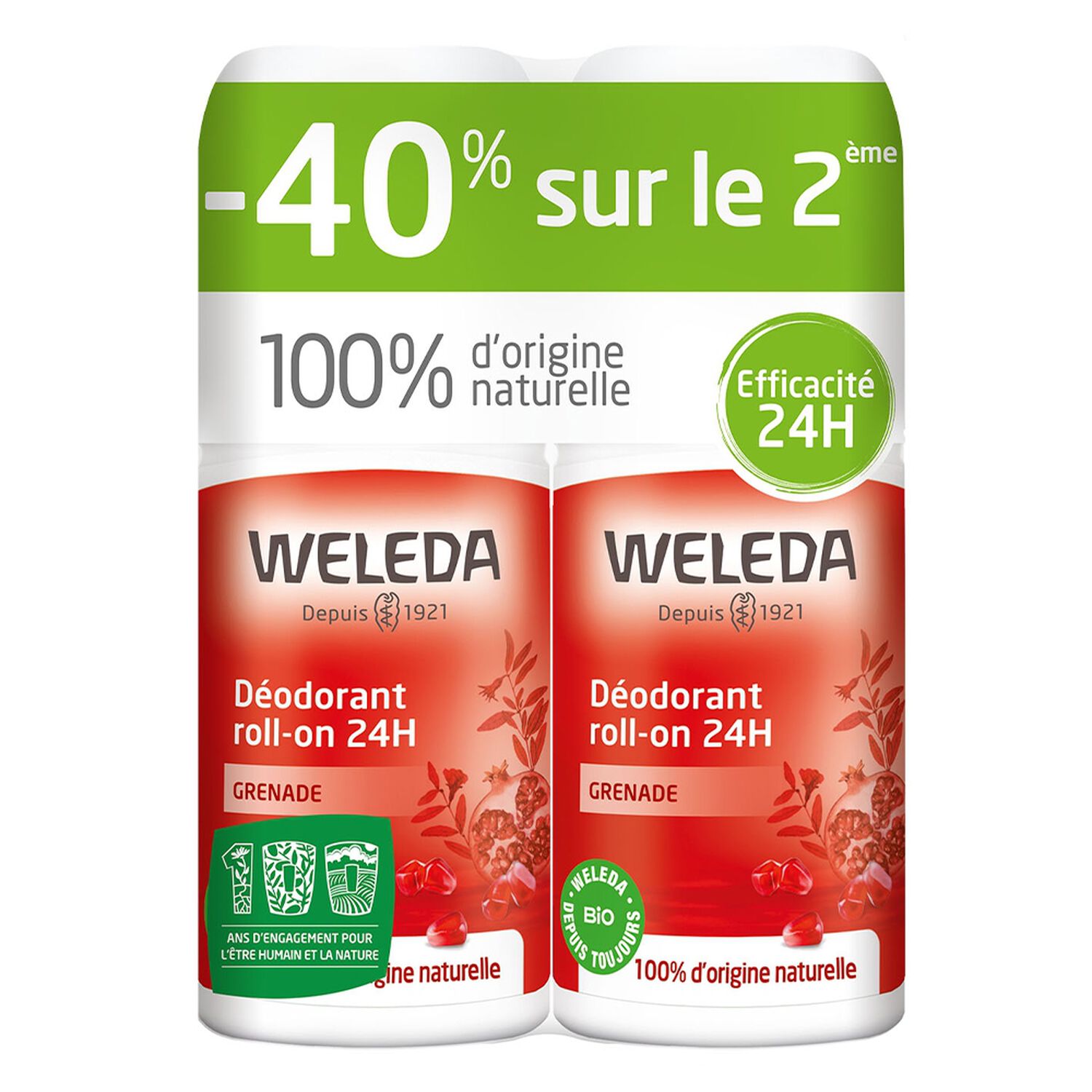 Weleda Grenade Déodorant Roll-on 24h - 100% d'Origine Naturelle 2 x 50 ml