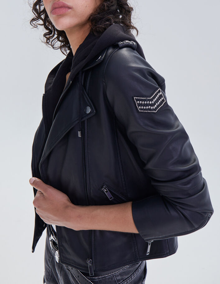 Blouson noir en cuir d'agneau à capuche amovible femme