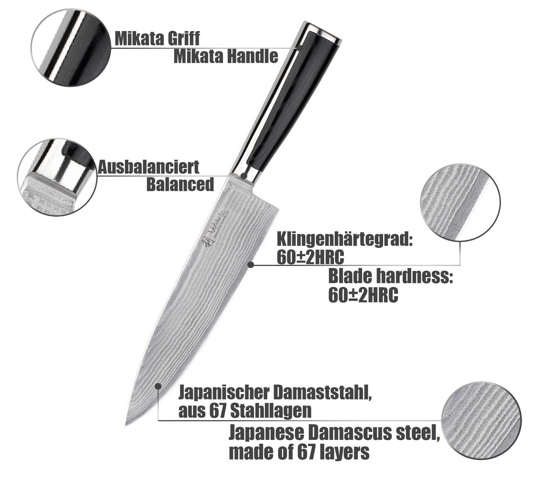 Wakoli Kochmesser Damast Chefmesser, Klinge 20,00 cm Länge Mikatagriff - Serie Migan