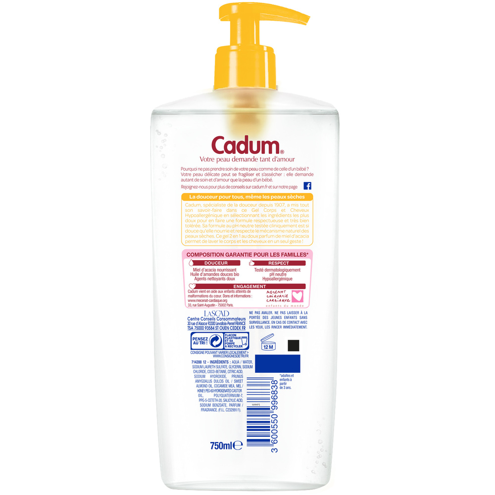 cadum Cadum Douche Gel Corps et Cheveux  Hypoallergénique au miel d'acacia